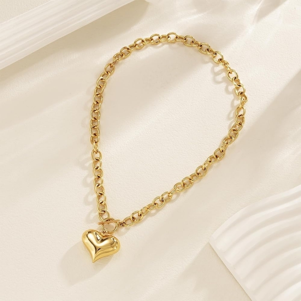 14K Gold Plated Chunky Heart Necklace - Picture 4 of 6